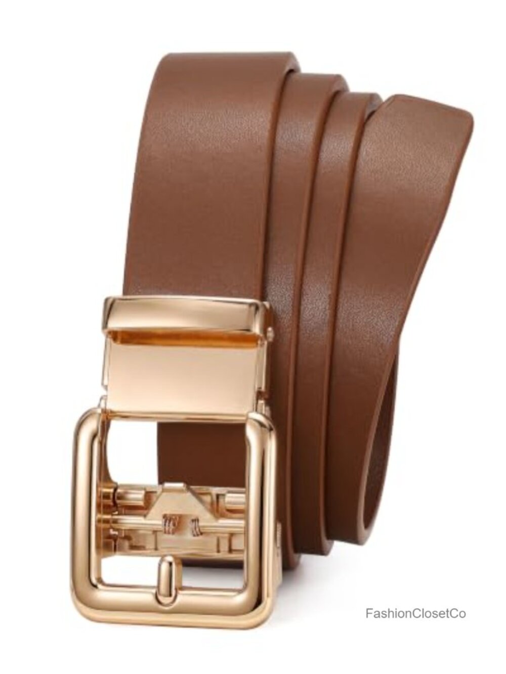 Women's Ratchet Faux Leather Belt Adjustable Gold Buckle